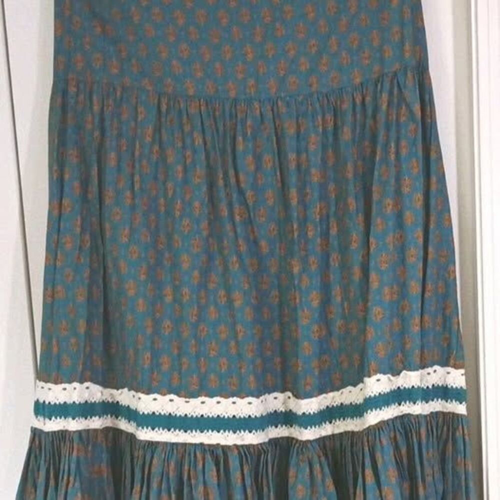 Luna Moon Blue Brown Floral Cotton Boho Long Skirt Lace Tiered Elastic Waist M